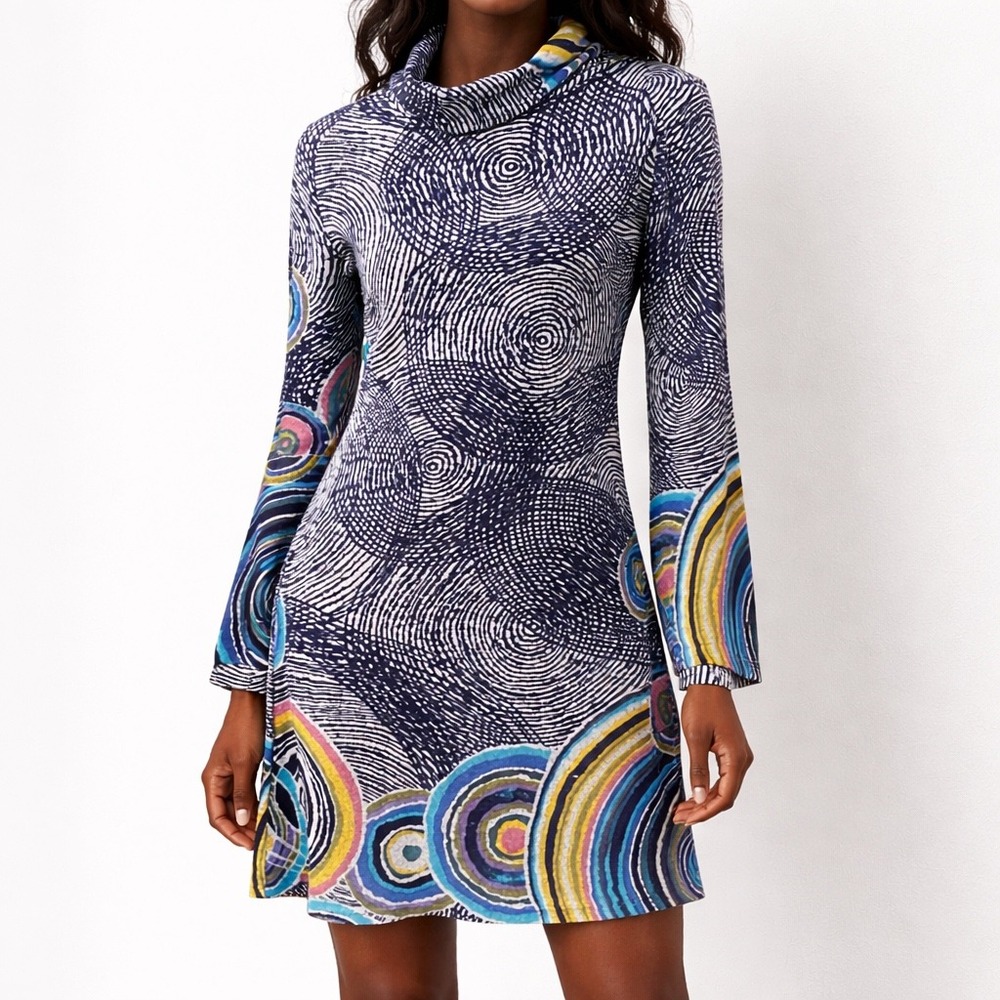 RADZOLI Sweater Dress Size Small Geometric Swirl Print Cowl Neck  Art To Wear
